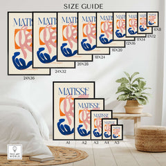 Size guide for Matisse Papiers Découpés Pink Blue Abstract Art Print in various dimensions.