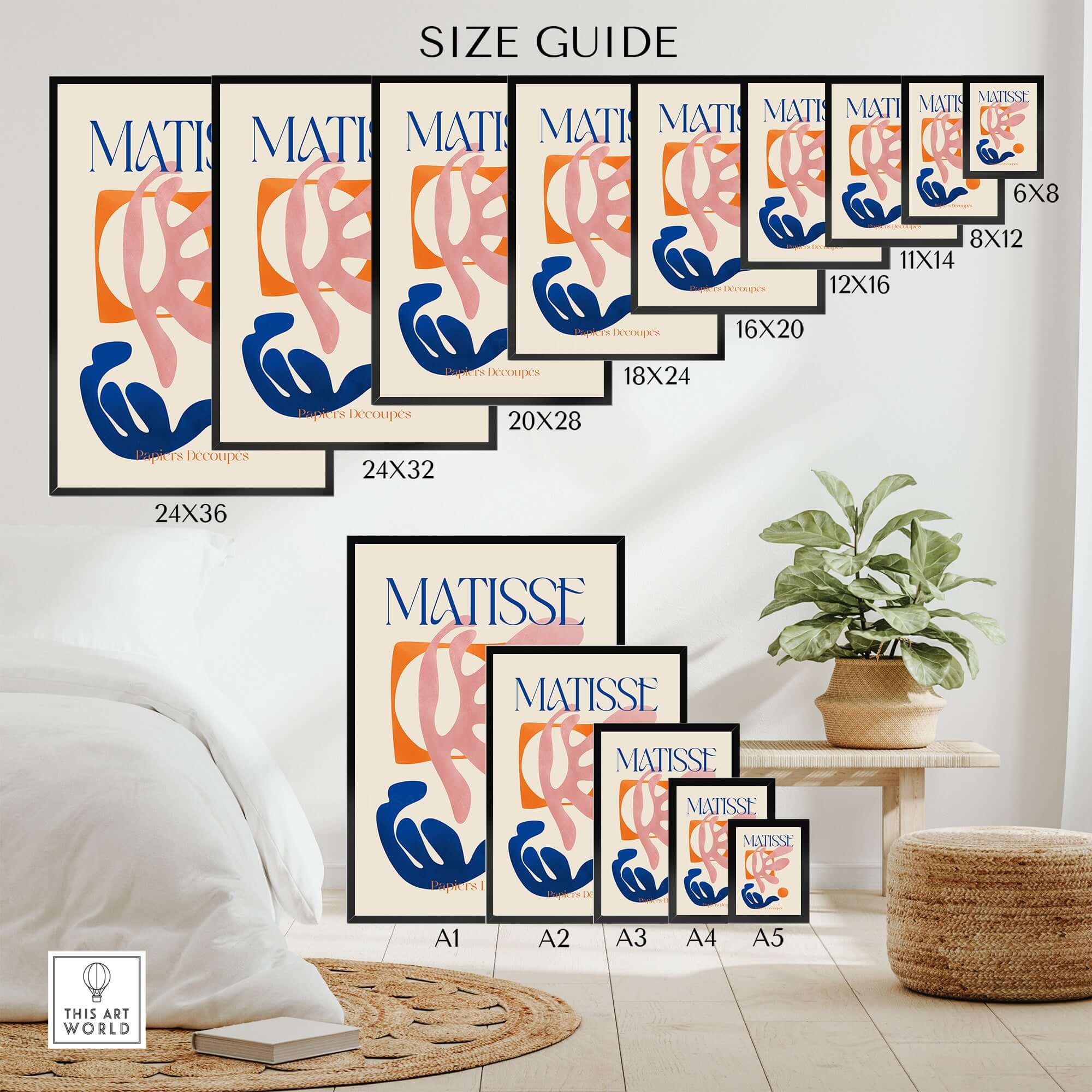 Size guide for Matisse Papiers Découpés Pink Blue Abstract Art Print in various dimensions.