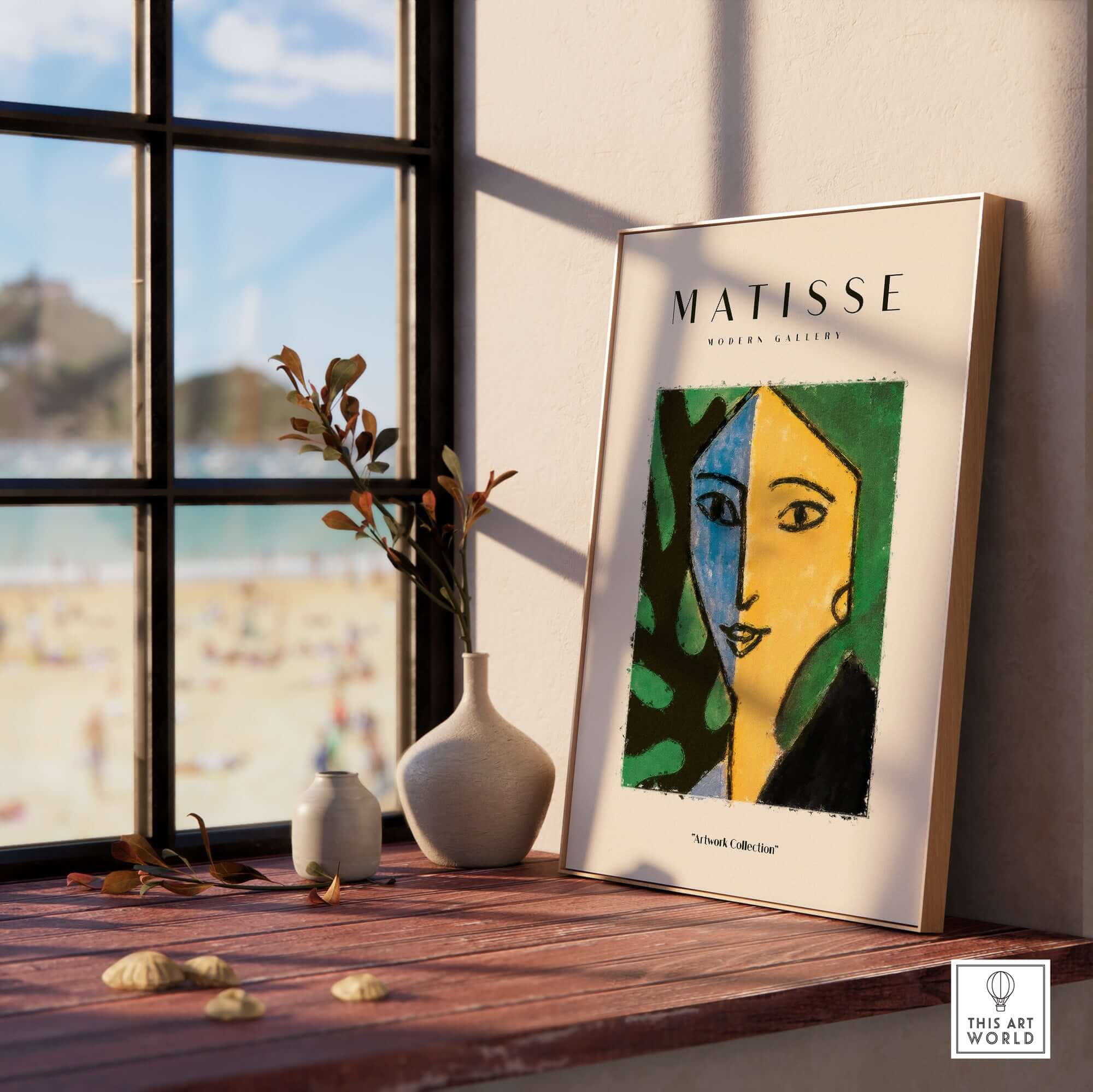 Matisse Art Prints - Split Face Blue Yellow Portrait Poster displayed on shelf with greenery and view of beach.