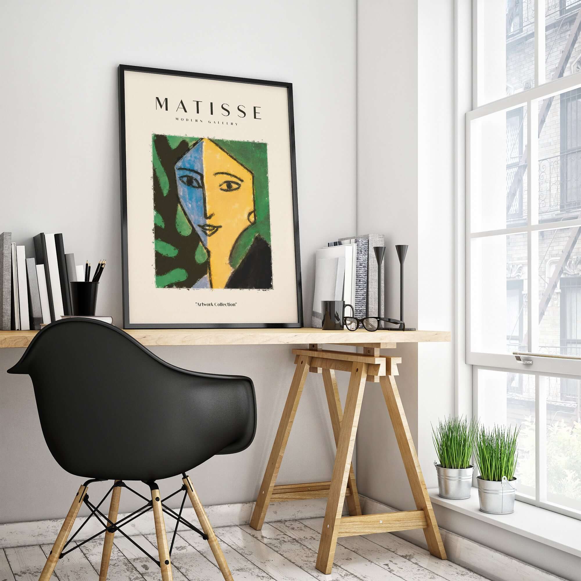 Matisse Art Prints - Split Face Blue Yellow Portrait Poster displayed on a wall in a modern workspace.