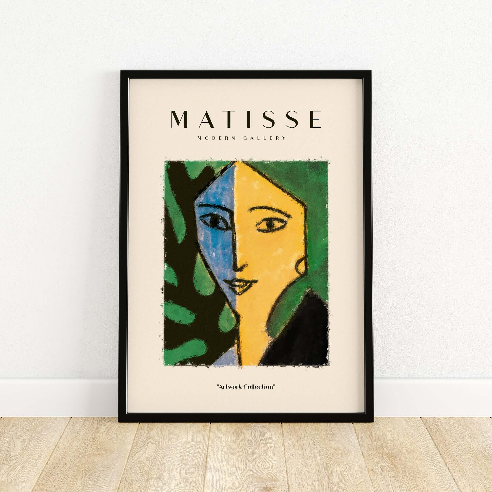 Matisse Art Prints - Split Face Blue Yellow Portrait Poster framed on a wall with abstract green and blue design.