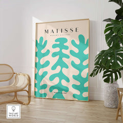 Matisse Art Prints - Teal Coral Pattern Abstract Wall Art displayed in a modern room setting with natural light.