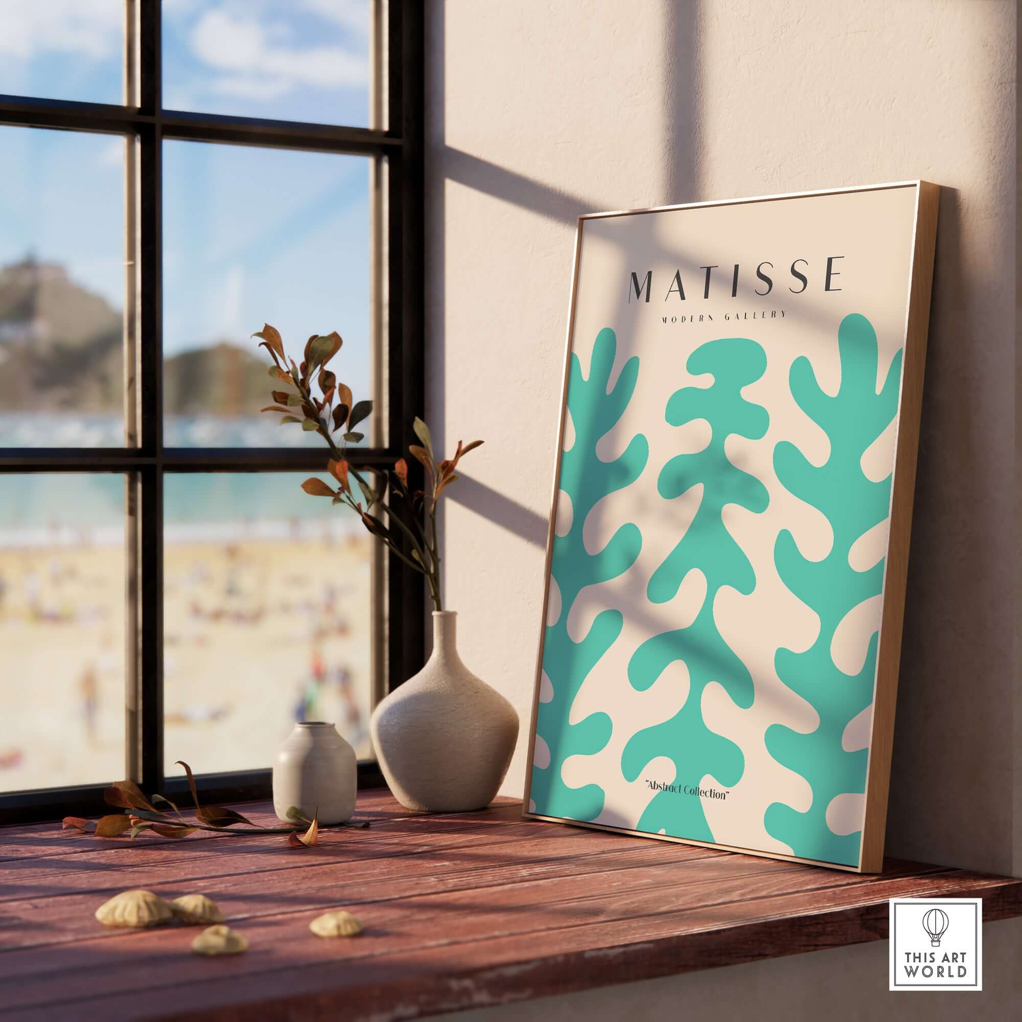 Matisse Art Prints - Teal Coral Pattern Abstract Wall Art displayed in sunlight near a window with a coastal view.