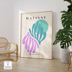 Matisse Art Prints -Teal Pink Abstract Leaves Sun Poster featuring colorful organic shapes in a modern living space.