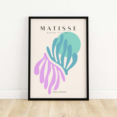 Matisse Art Prints -Teal Pink Abstract Leaves Sun Poster featuring abstract shapes in teal and pink on a beige background.