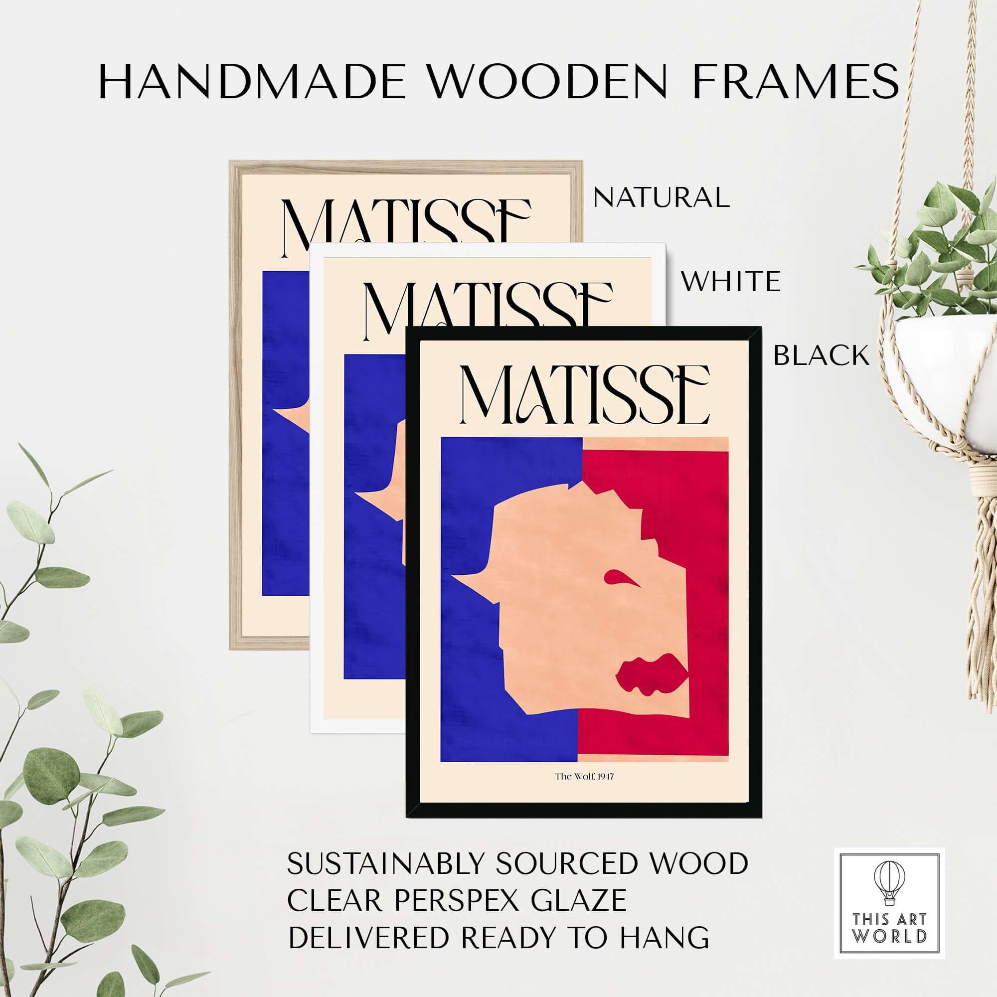 Handmade wooden frames for Matisse The Wolf 1947 Papiers Découpés Poster Print in natural, white, and black.
