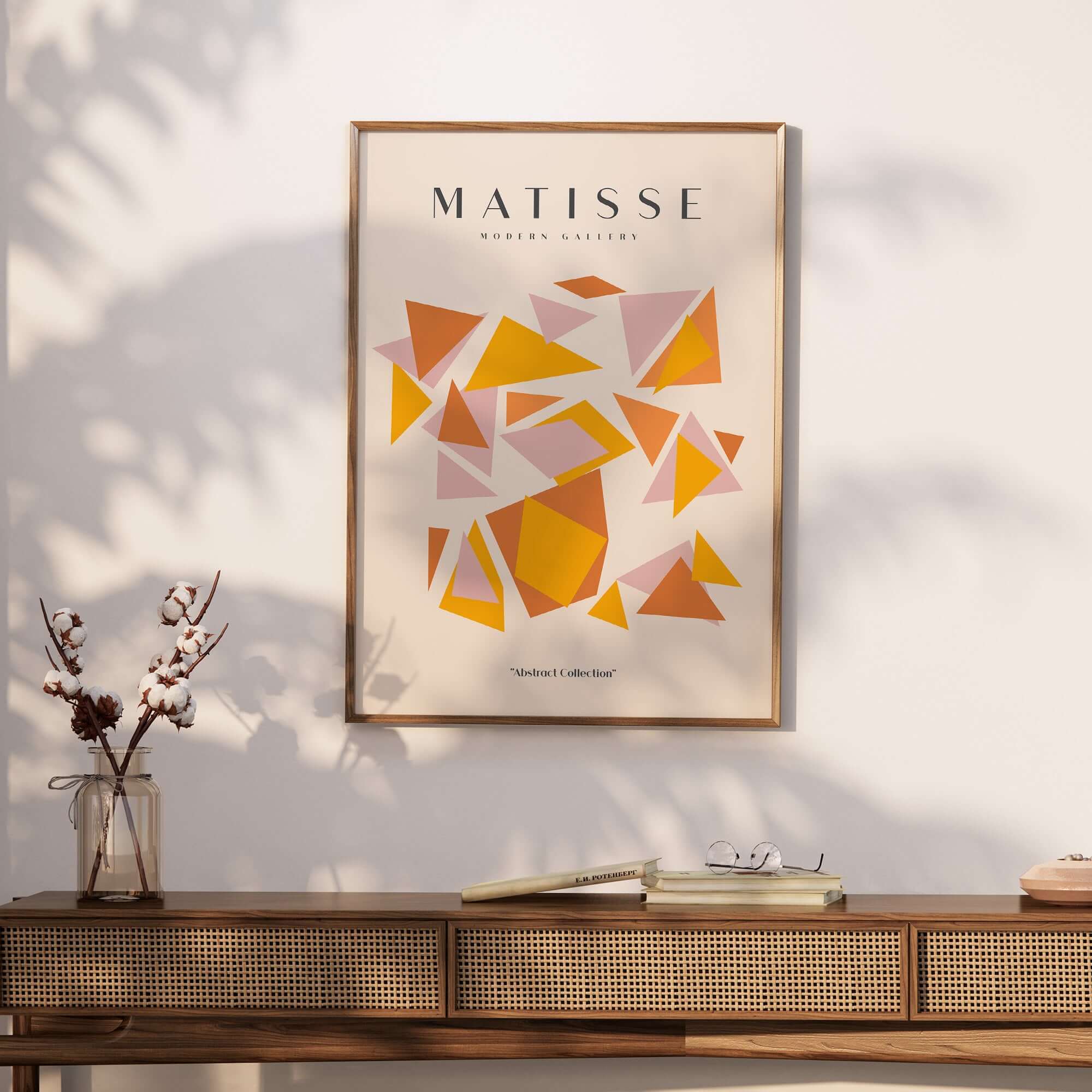 Matisse Art Prints - Warm Tone Geometric Triangles Poster featuring overlapping warm triangles on a beige background.