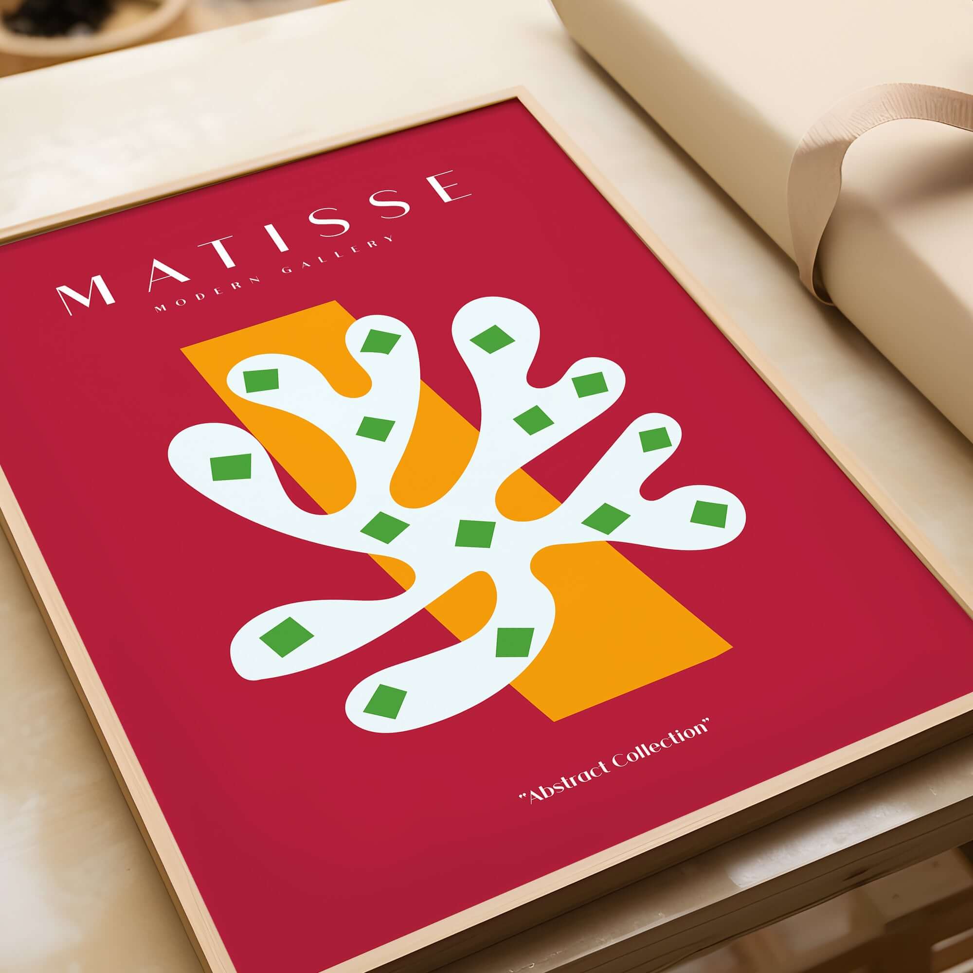 Matisse Art Prints - White Coral Abstract Green Diamonds Print showcasing vibrant colors and organic shapes.
