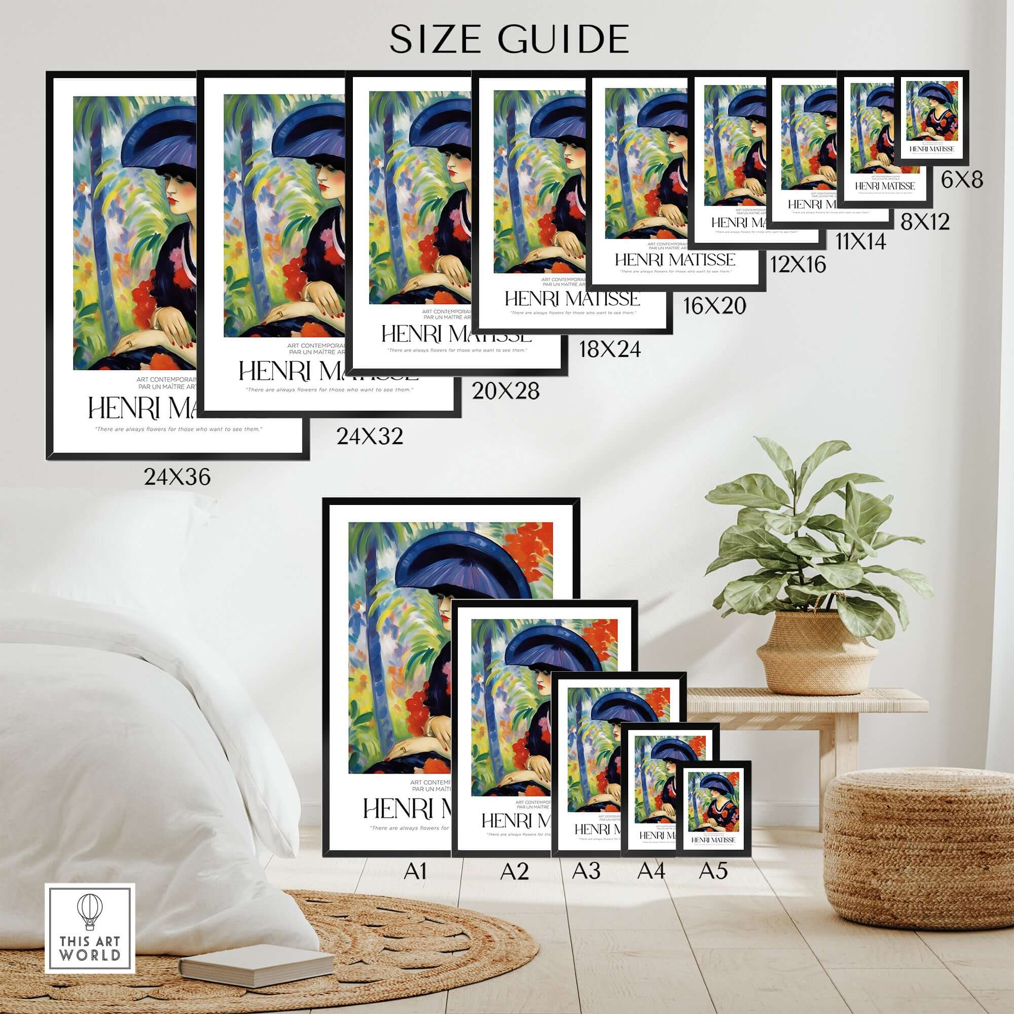 Matisse Art Prints - Woman with Blue Hat Garden Poster size guide with dimensions for various print sizes.