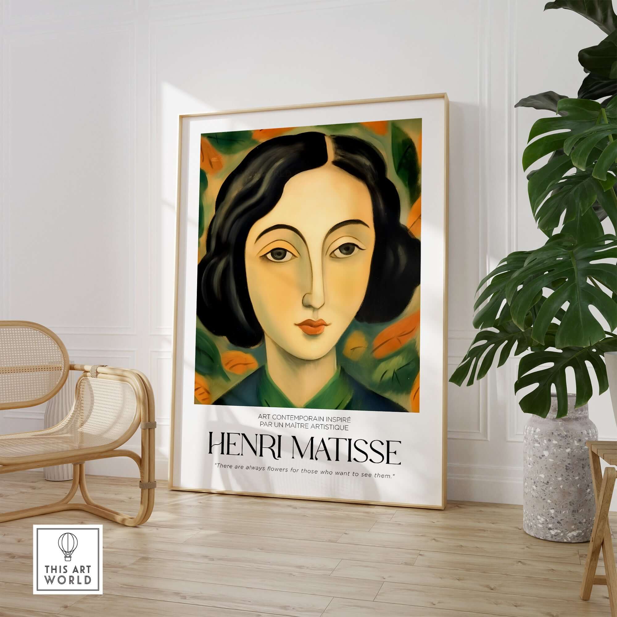 Matisse Art Prints - Woman Portrait Wall Art featuring a serene woman with dark hair and abstract foliage background.