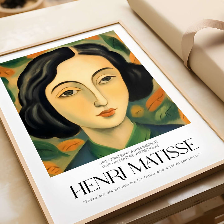 Matisse-inspired art print featuring a woman's portrait with flowers, showcasing modern elegance and vibrant colors.