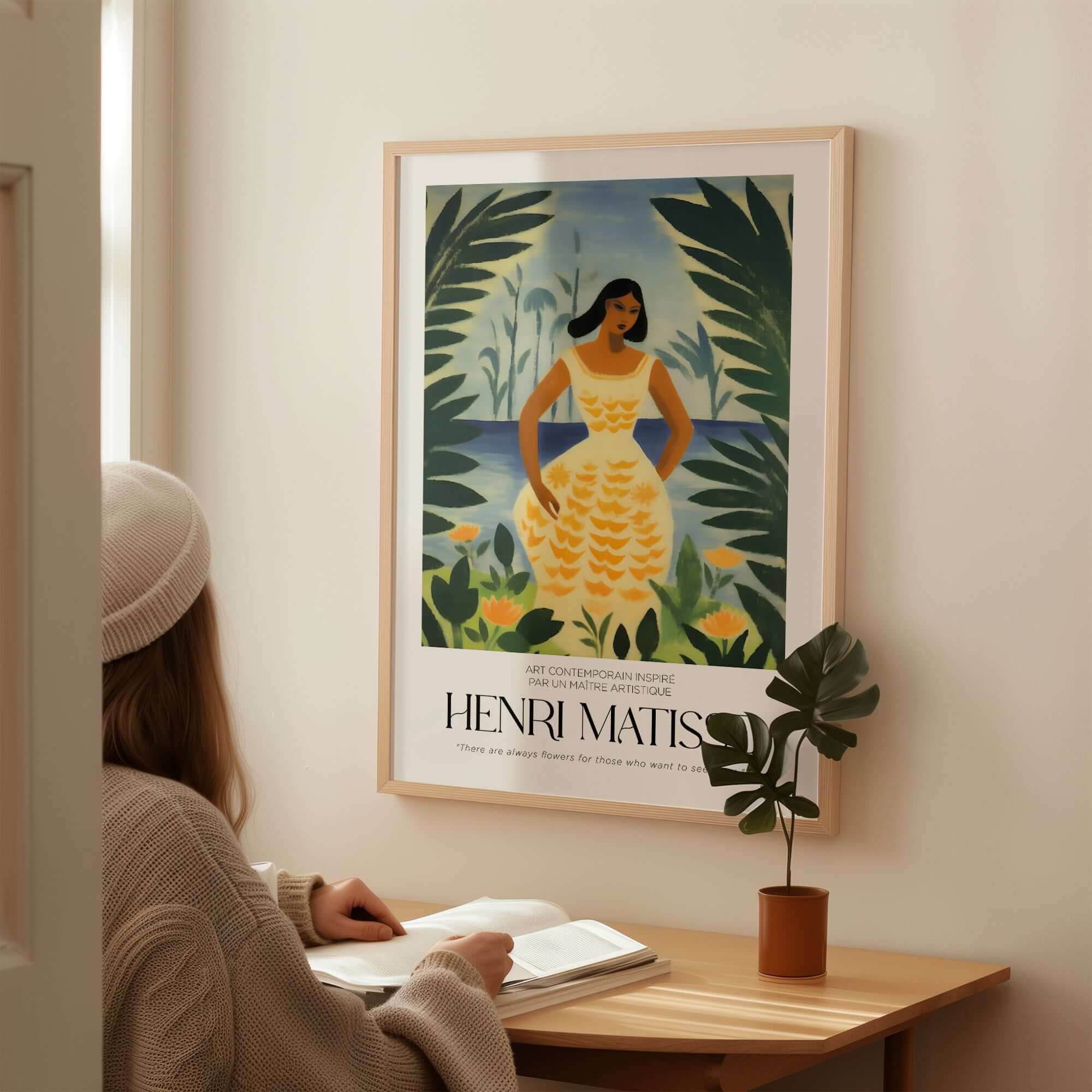 Matisse Art Prints - Woman Tropical Leaves Art Print, featuring a woman in a yellow dress amidst tropical foliage.
