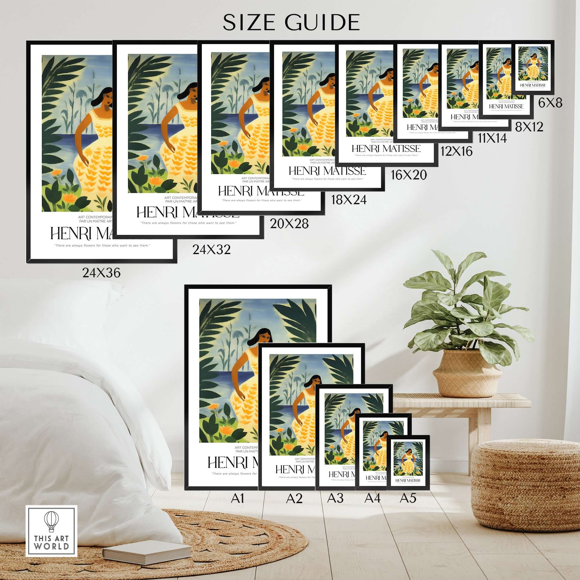 Matisse Art Prints - Woman Tropical Leaves Art Print Size Guide showcasing various print dimensions and display options.