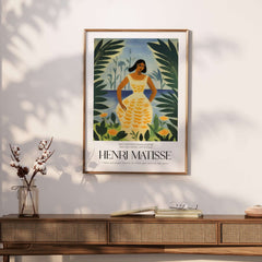 Matisse Art Prints - Woman Tropical Leaves Art Print featuring a chic woman among vibrant tropical foliage.