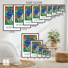 Matisse Art Prints - Woman with Flowers Abstract Art Print size guide with various frame sizes and dimensions.