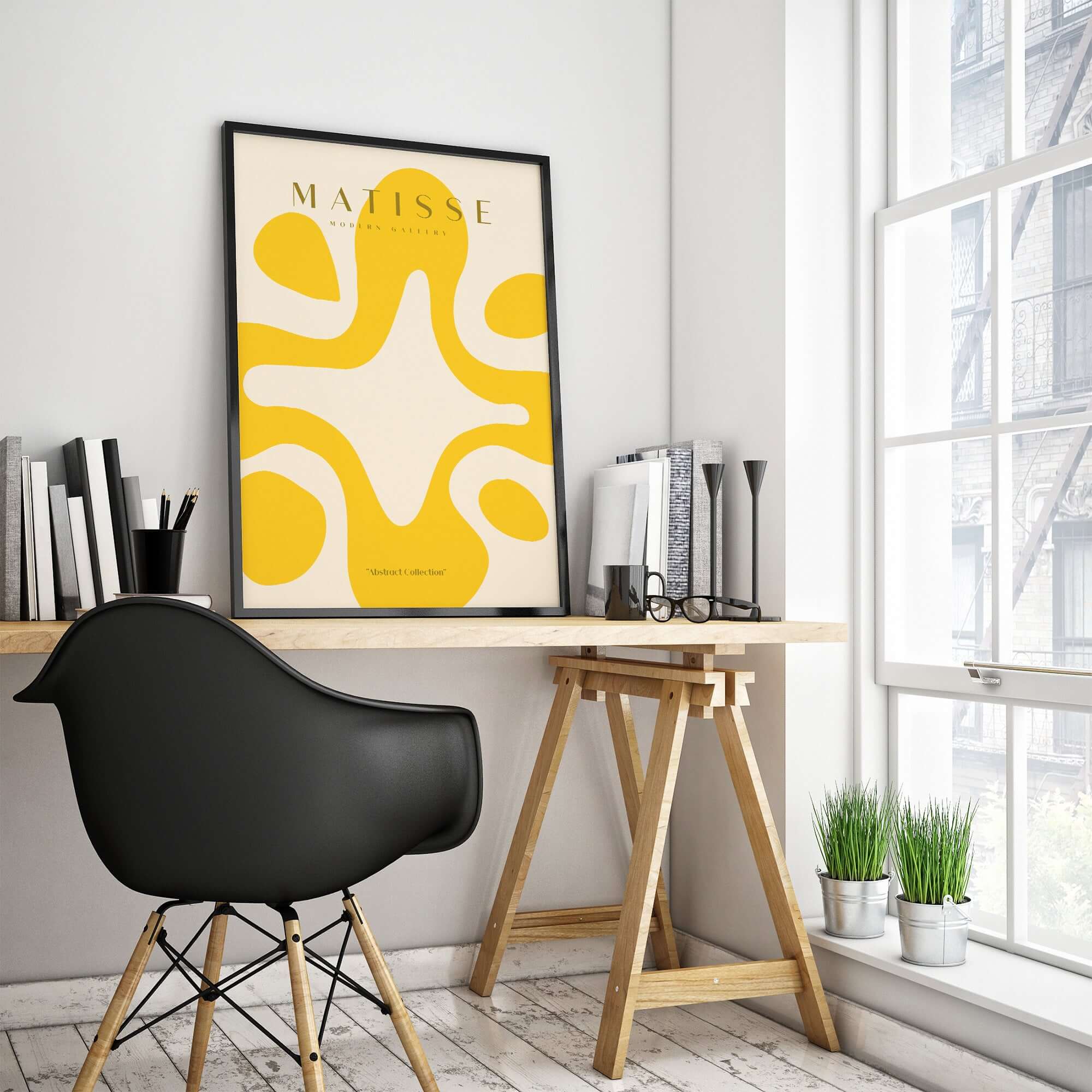 Matisse Art Prints -   Yellow Abstract Fluid Shape Poster displayed in a modern workspace environment, enhancing the interior decor.