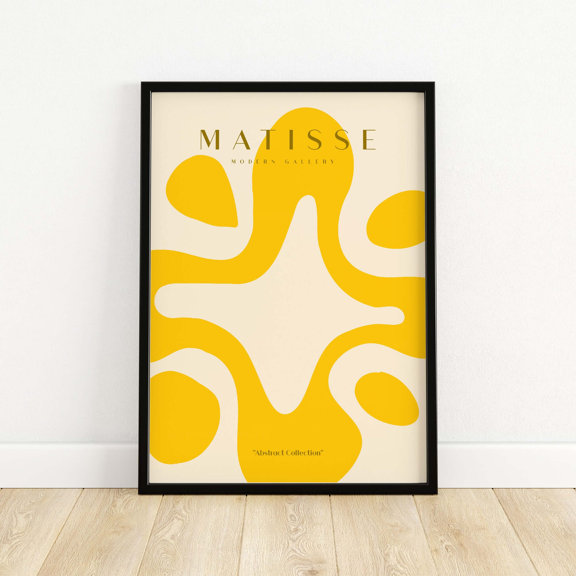 Matisse Art Prints -   Yellow Abstract Fluid Shape Poster showcasing vibrant yellow shapes on a beige background.