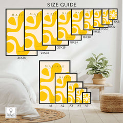Matisse Art Prints - Yellow Abstract Fluid Shape Poster size guide showcasing various frame sizes for the artwork.