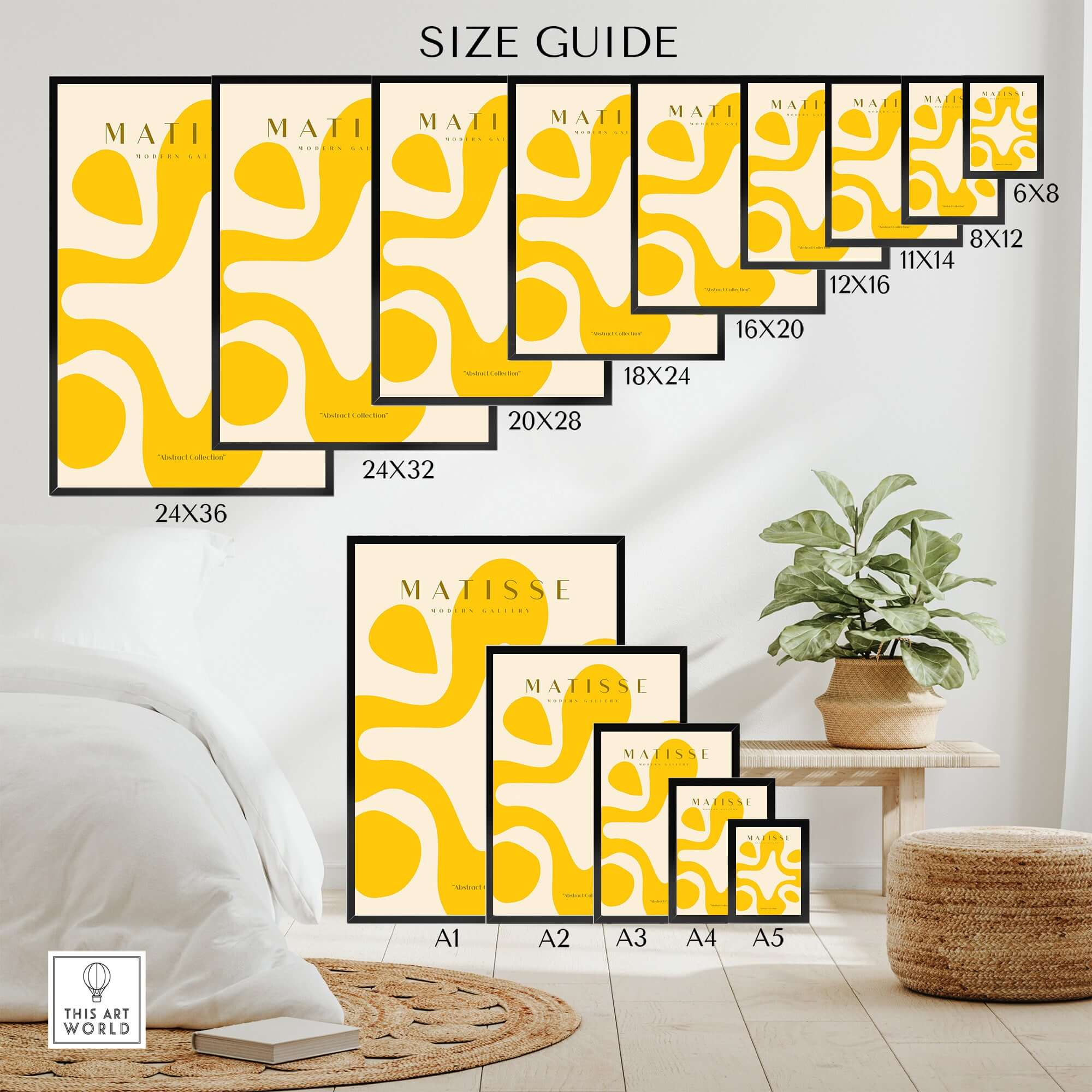 Matisse Art Prints - Yellow Abstract Fluid Shape Poster size guide showcasing various frame sizes for the artwork.