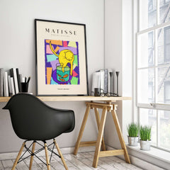 Matisse Art Prints - Yellow Cat with Fishbowl Geometric Poster displayed in modern home office decor.