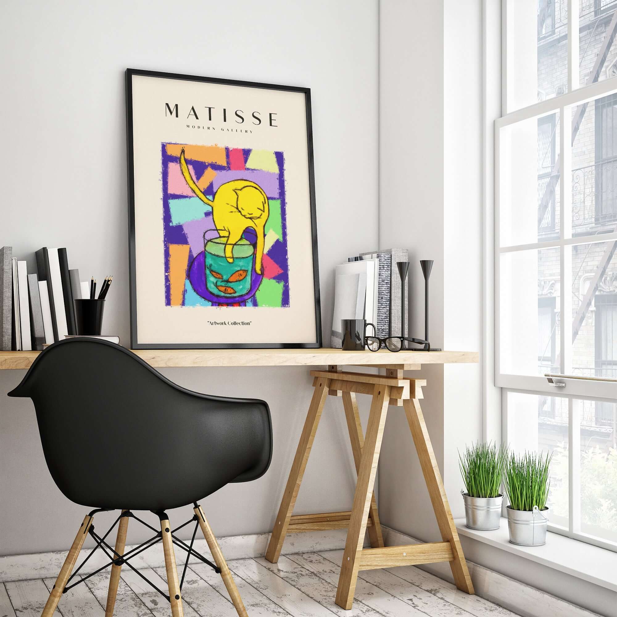 Matisse Art Prints - Yellow Cat with Fishbowl Geometric Poster displayed in modern home office decor.