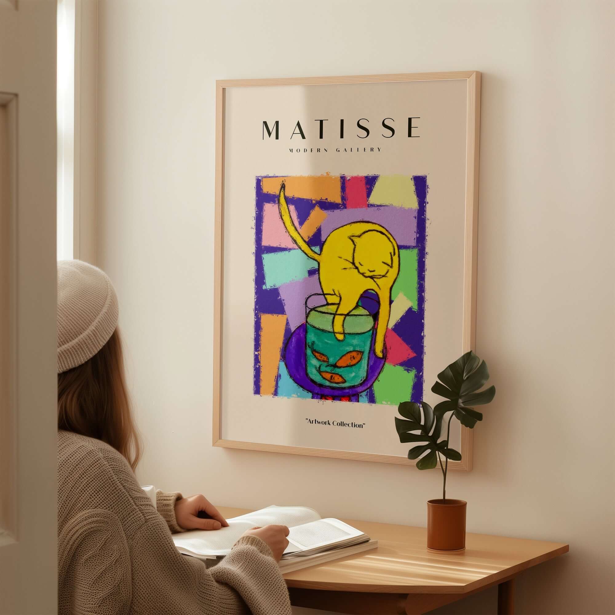 Matisse Art Prints - Yellow Cat with Fishbowl Geometric Poster showing a stylish art piece on a wall.