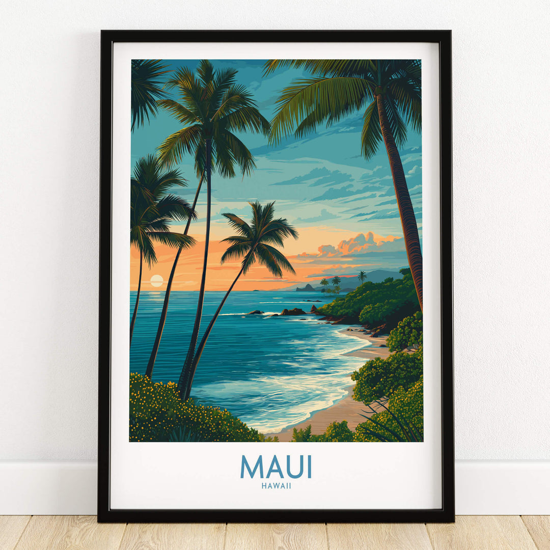 Maui Canvas Print | Hawaii Poster featuring a vibrant sunset over the ocean framed with palm trees.