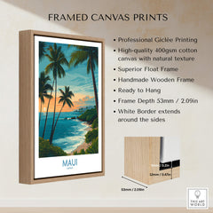 Maui Canvas Print | Hawaii Poster framed canvas print showcasing tropical scenery with palm trees and ocean.