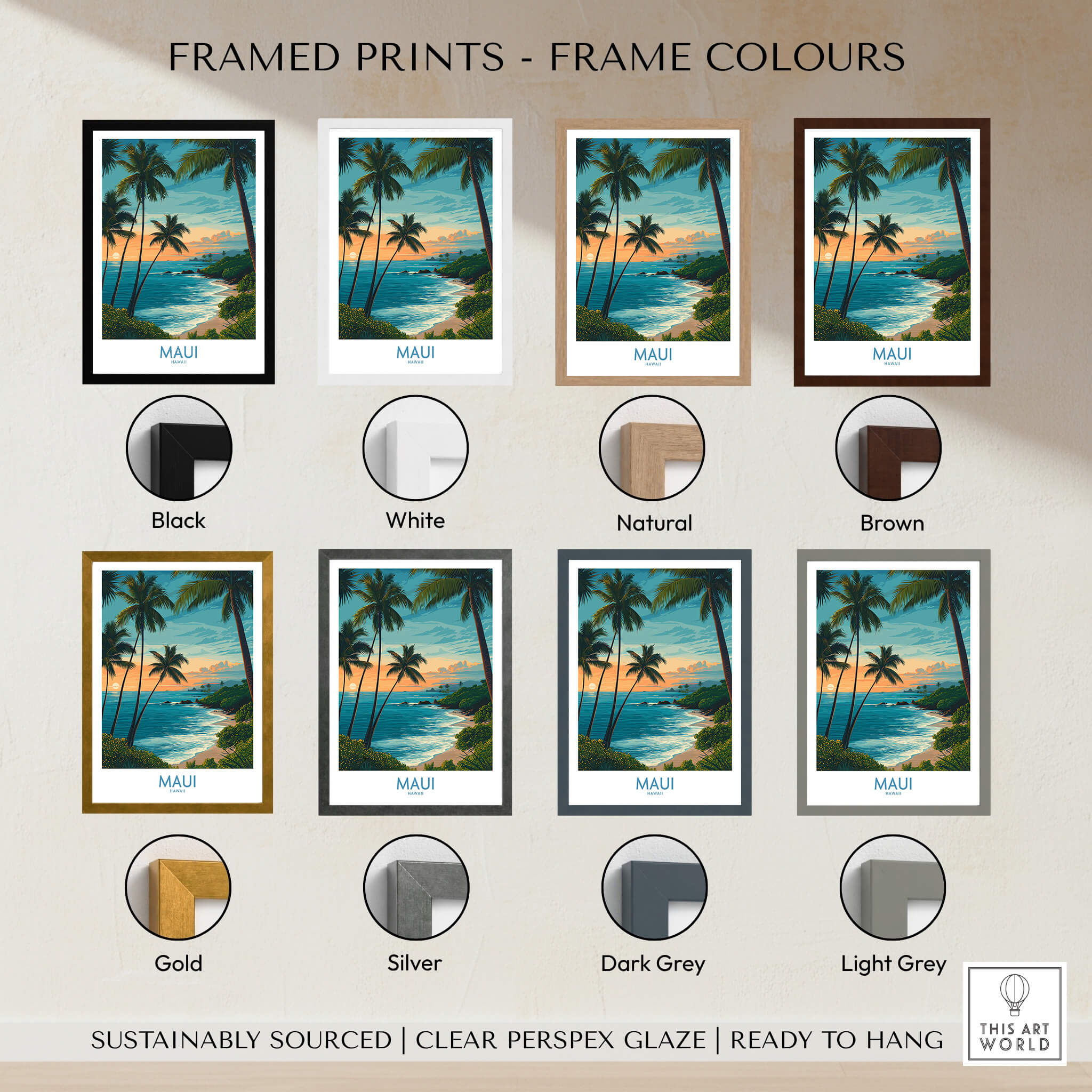 Maui Canvas Print | Hawaii Poster framed prints in various colors including black, white, natural, and brown