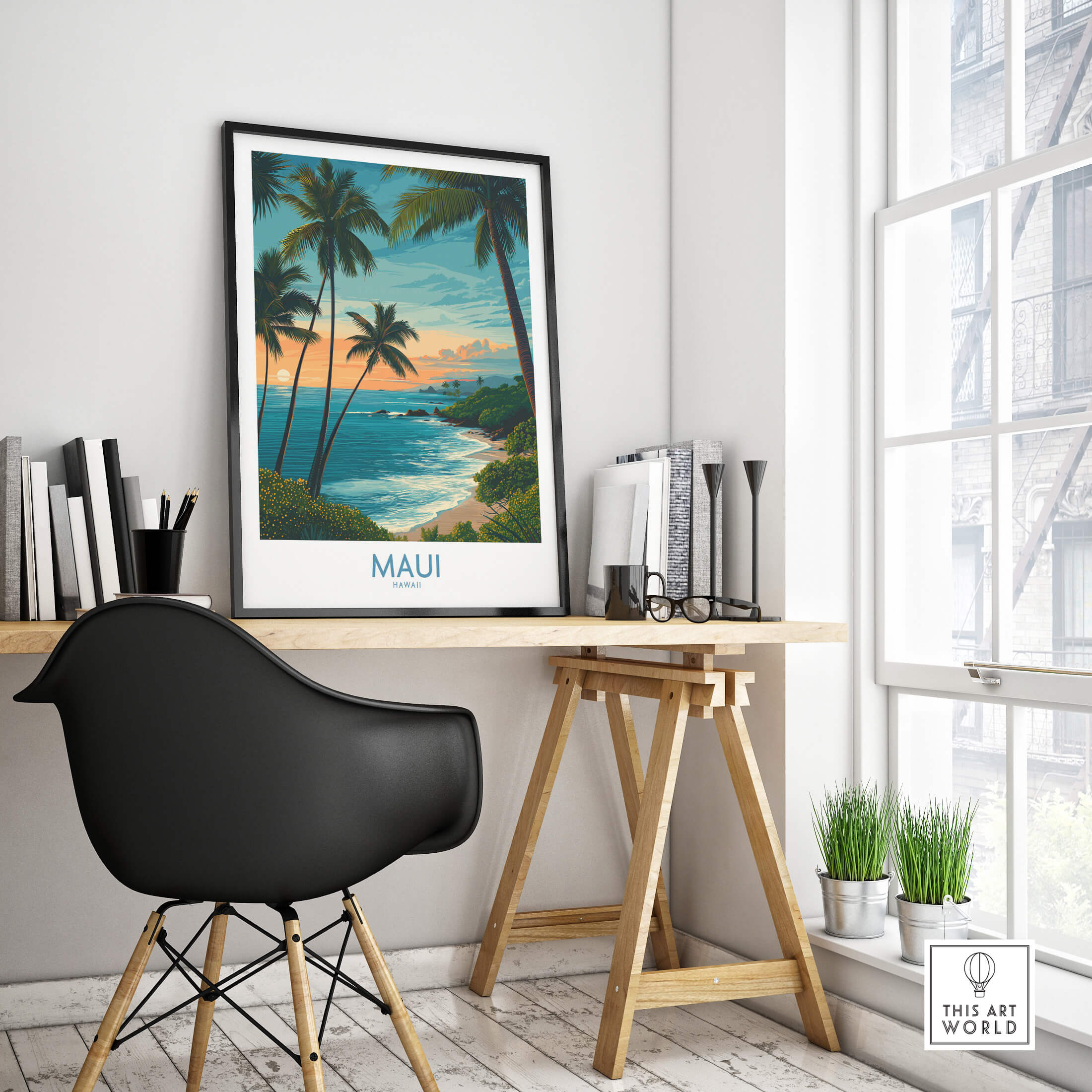 Maui Canvas Print | Hawaii Poster displayed in a modern workspace with coastal scenery and palm trees.