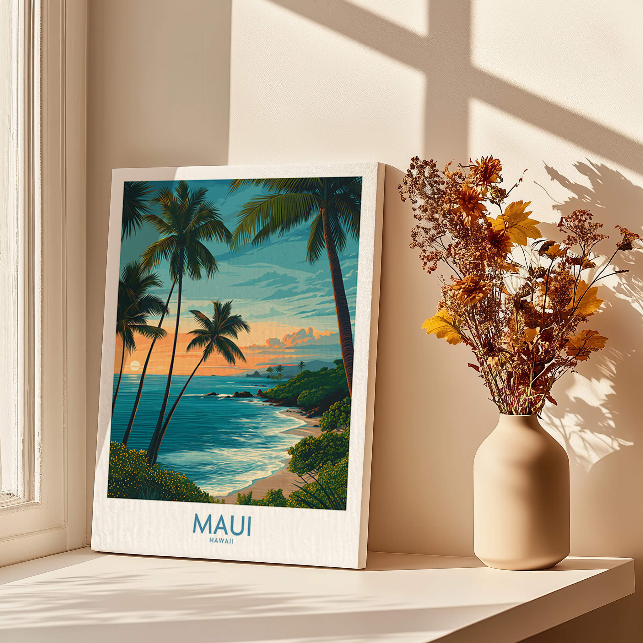 Maui Canvas Print | Hawaii Poster showcasing a stunning beach landscape with palm trees and a vibrant sunset.