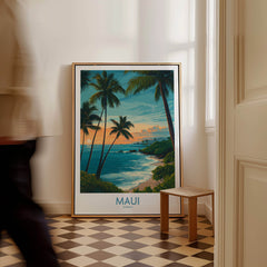 Maui Canvas Print | Hawaii Poster featuring palm trees and a coastal sunset in an elegant room setting.