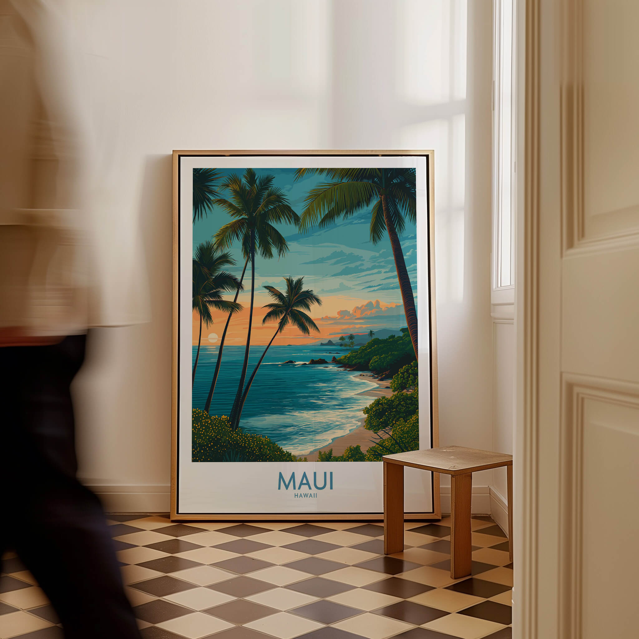 Maui Canvas Print | Hawaii Poster featuring palm trees and a coastal sunset in an elegant room setting.