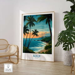 Maui Canvas Print | Hawaii Poster showcasing a stunning beach landscape with palm trees and a vibrant sunset.