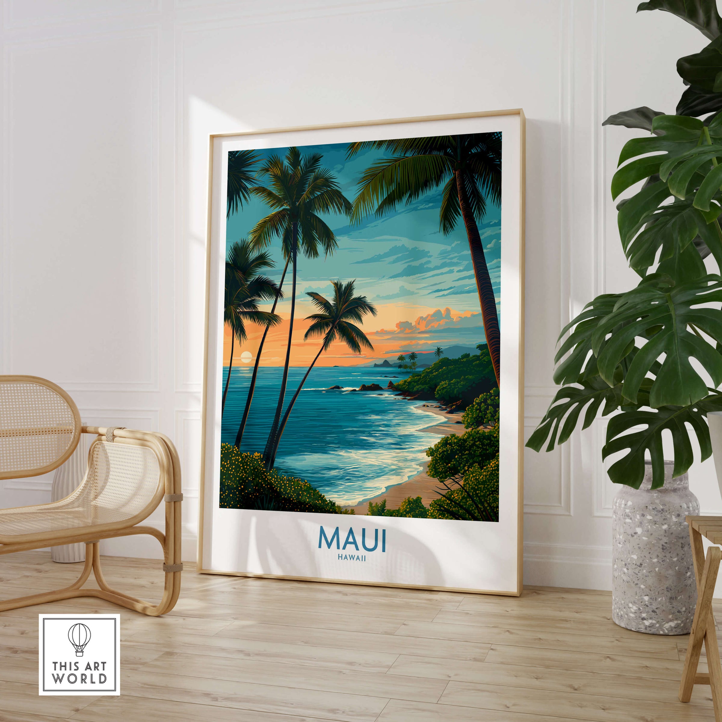 Maui Canvas Print | Hawaii Poster showcasing a stunning beach landscape with palm trees and a vibrant sunset.