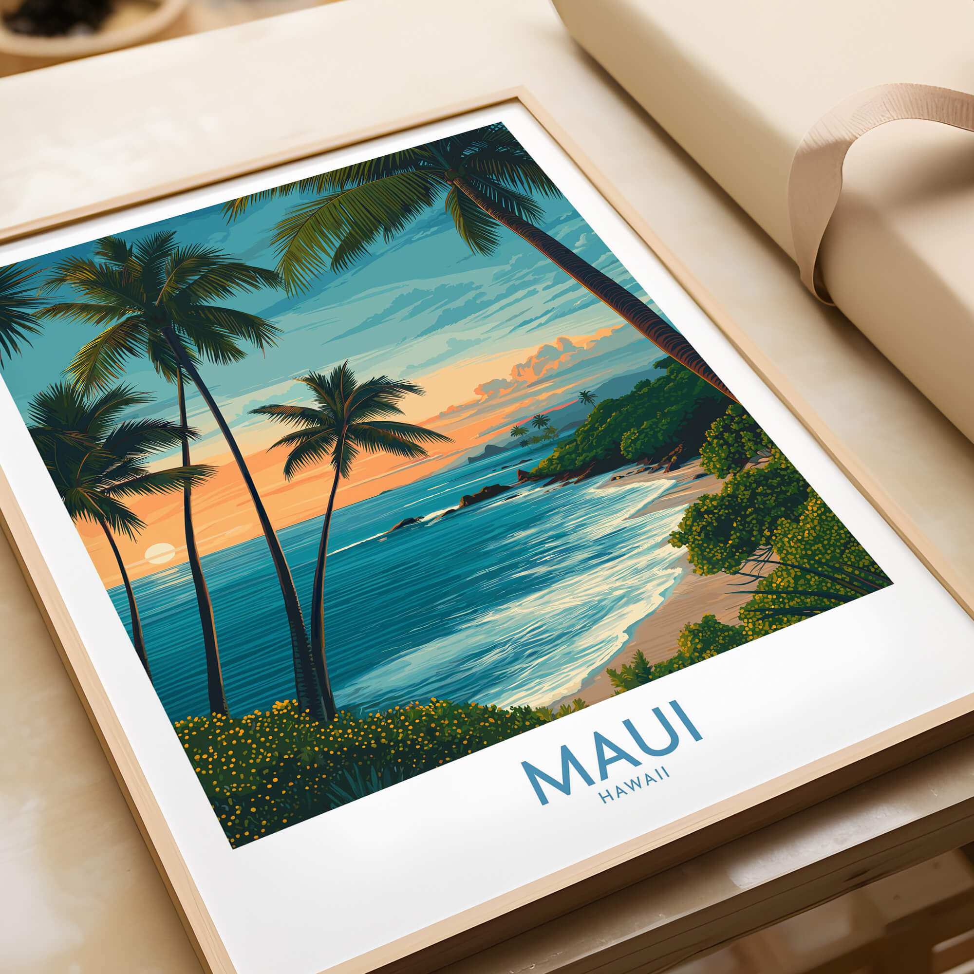 Maui Canvas Print | Hawaii Poster featuring tropical sunset and palm trees over ocean waves.