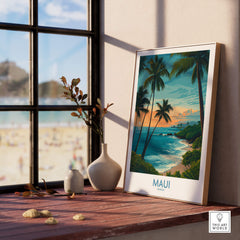 Maui Canvas Print | Hawaii Poster displayed on a wooden table near a window with beach view.