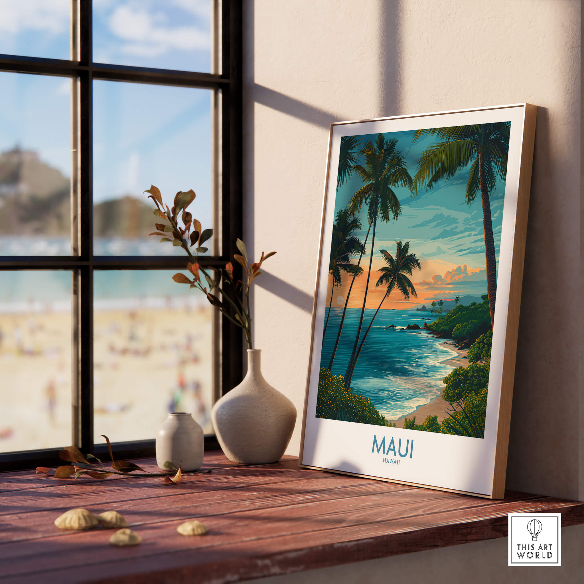 Maui Canvas Print | Hawaii Poster displayed on a wooden table near a window with beach view.