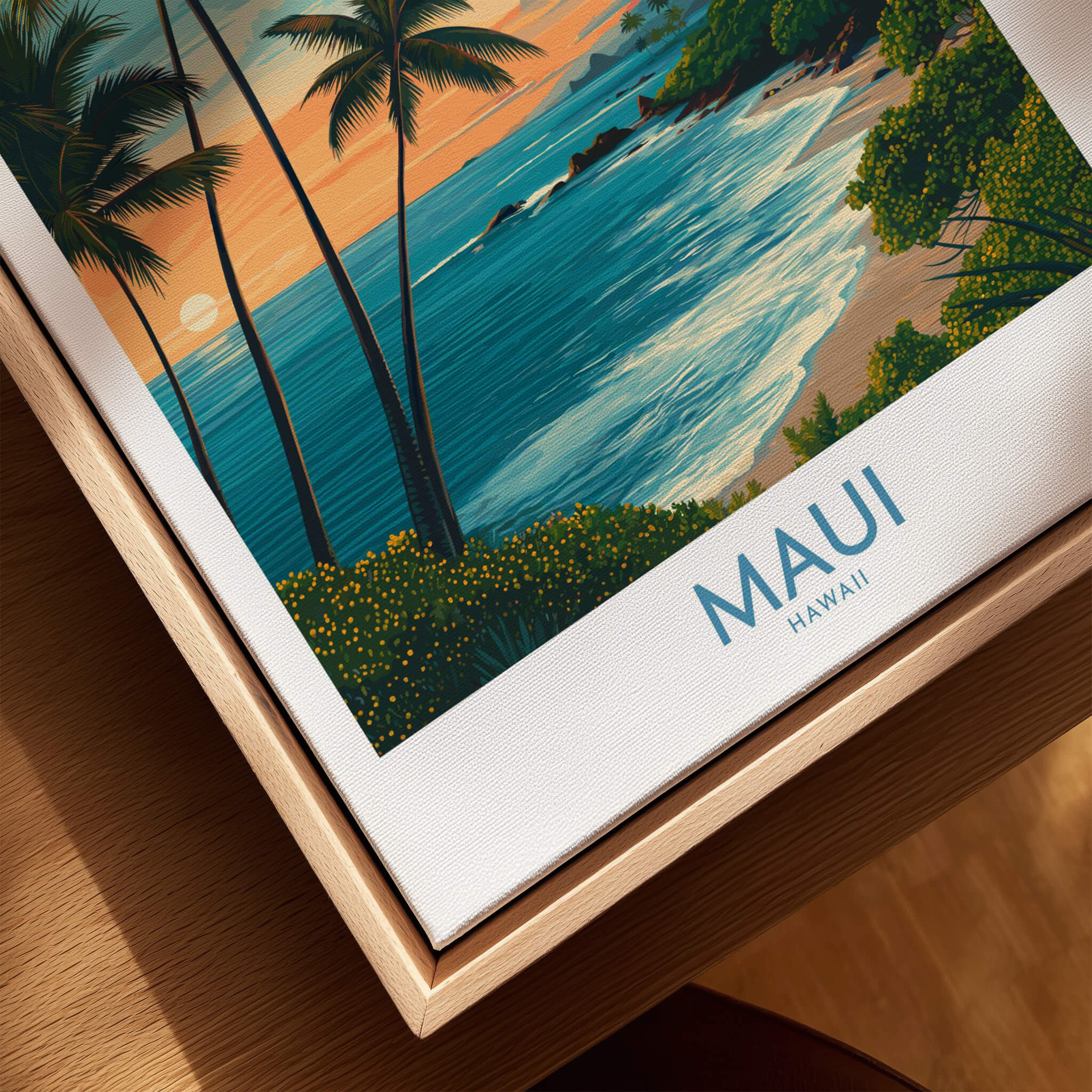 Maui Canvas Print | Hawaii Poster featuring a tranquil coastal view with palm trees and sunset colors.