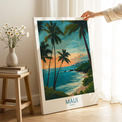 Maui Canvas Print | Hawaii Poster showcasing tropical landscape with palm trees and ocean view.