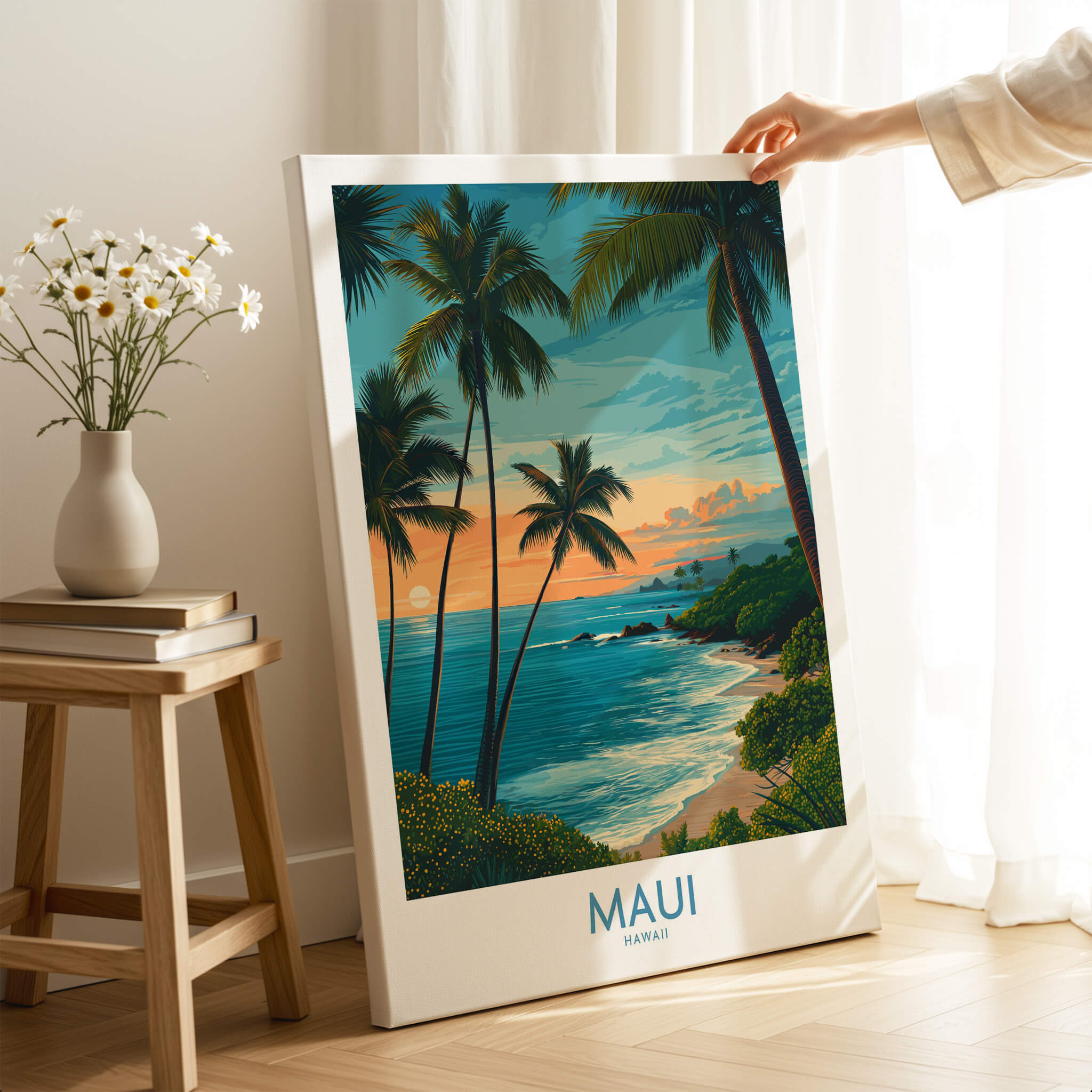 Maui Canvas Print | Hawaii Poster showcasing tropical landscape with palm trees and ocean view.