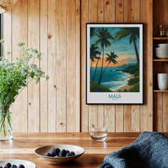Maui Canvas Print | Hawaii Poster featuring a serene coastal scene with palm trees and sunset hues.