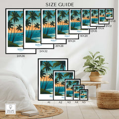 Maui Canvas Print | Hawaii Poster size guide showcasing different frame sizes with palm trees and ocean scenery.
