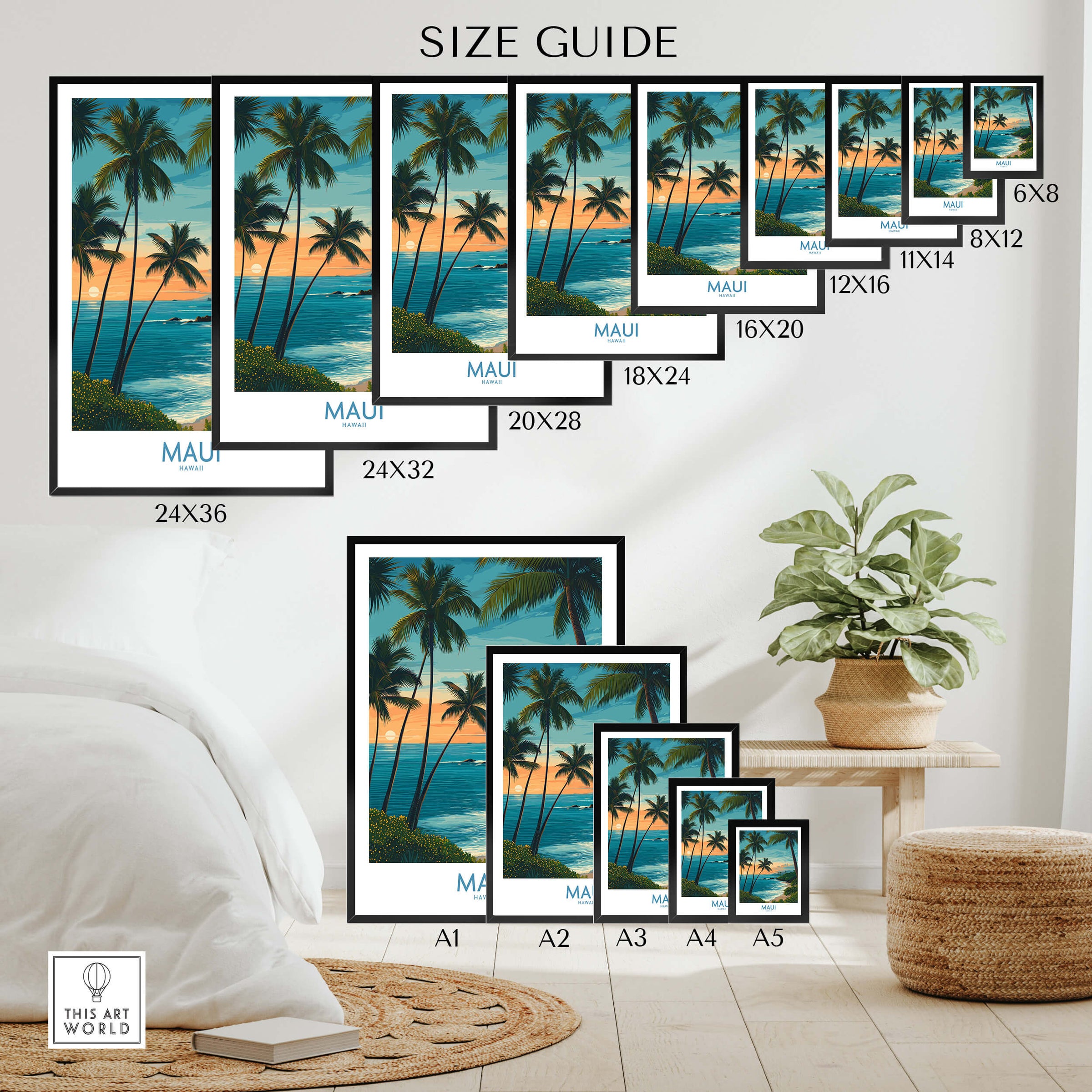 Maui Canvas Print | Hawaii Poster size guide showcasing different frame sizes with palm trees and ocean scenery.