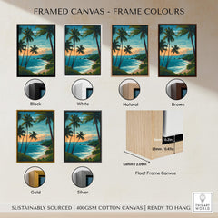 Maui Hawaii Travel Poster | Scenic Tropical Bay View Wall Art Print framed in various colors including black, white, natural, brown, gold, and silver.