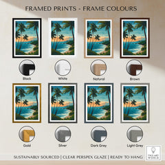 Maui Hawaii Travel Poster | Scenic Tropical Bay View Wall Art Print with various frame options displayed.