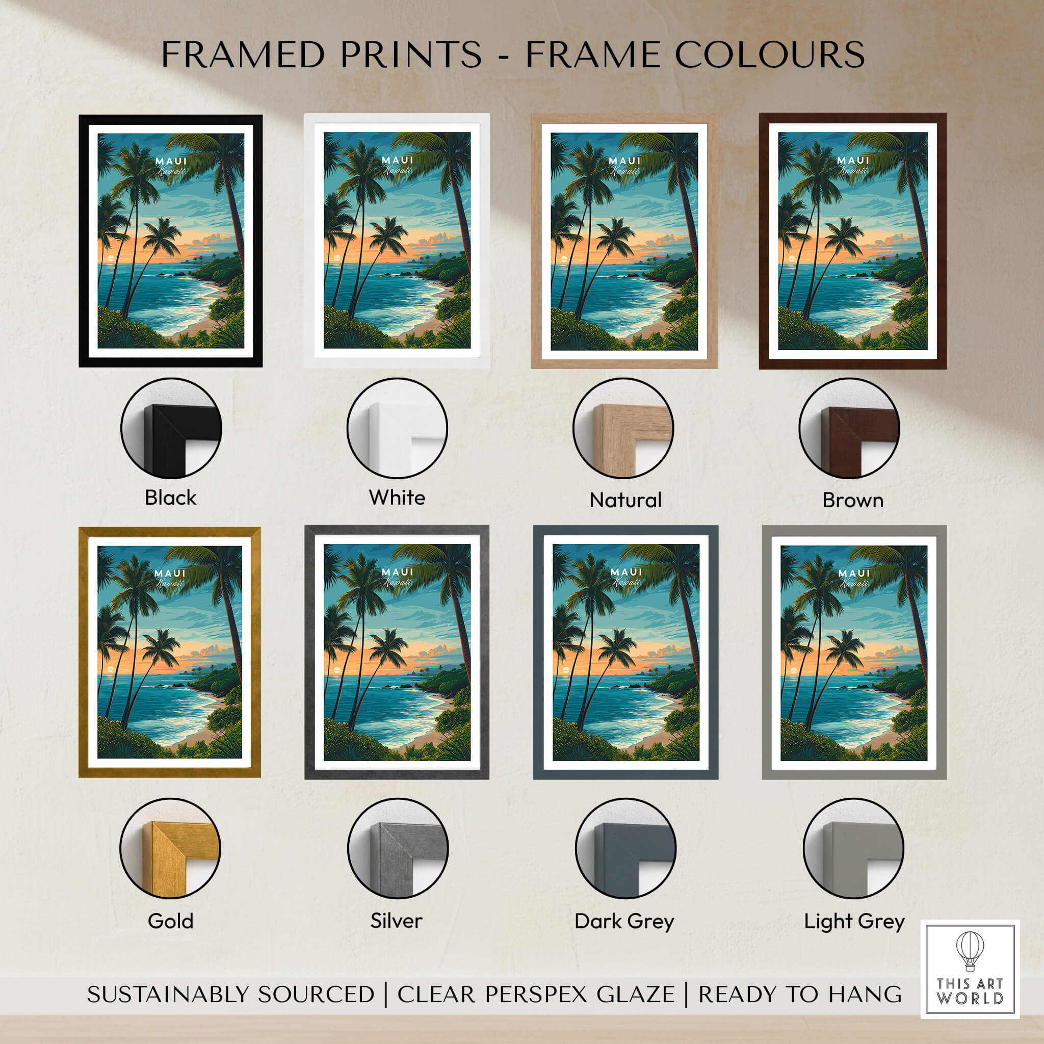 Maui Hawaii Travel Poster | Scenic Tropical Bay View Wall Art Print with various frame options displayed.