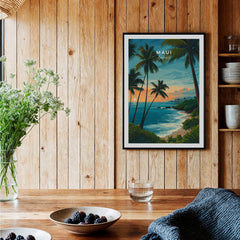 Maui Hawaii Travel Poster | Scenic Tropical Bay View Wall Art Print displayed in a cozy interior setting with wooden accents.