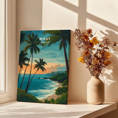 Maui Hawaii Travel Poster | Scenic Tropical Bay View Wall Art Print showcasing a tropical bay with palm trees and sunset.