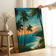 Maui Hawaii Travel Poster | Scenic Tropical Bay View Wall Art Print featuring palm trees and sunset over the ocean.